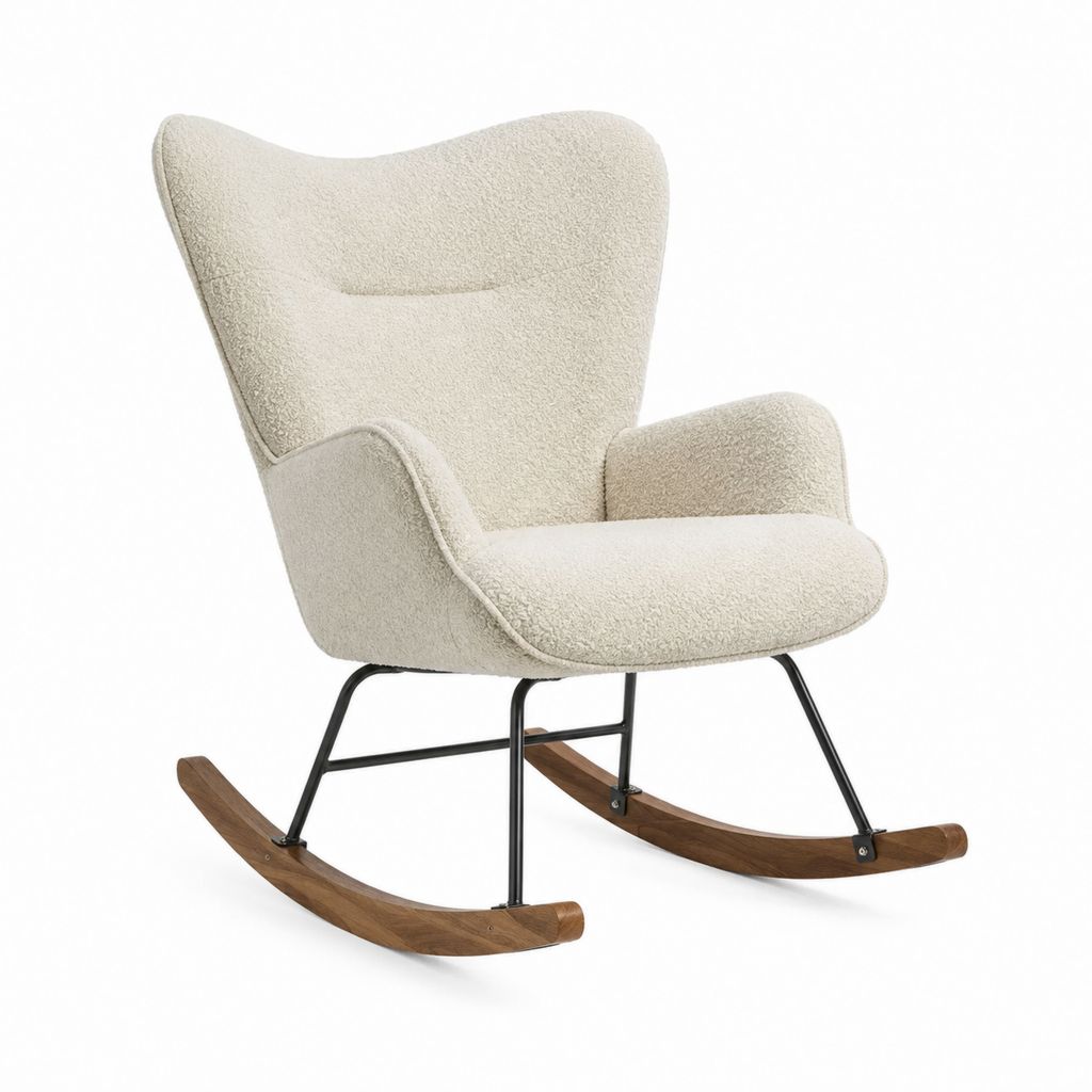 Fauteuil à bascule adulte beige en polyester bouclette avec patins en contreplaqué 75 x 90 x 105 cm