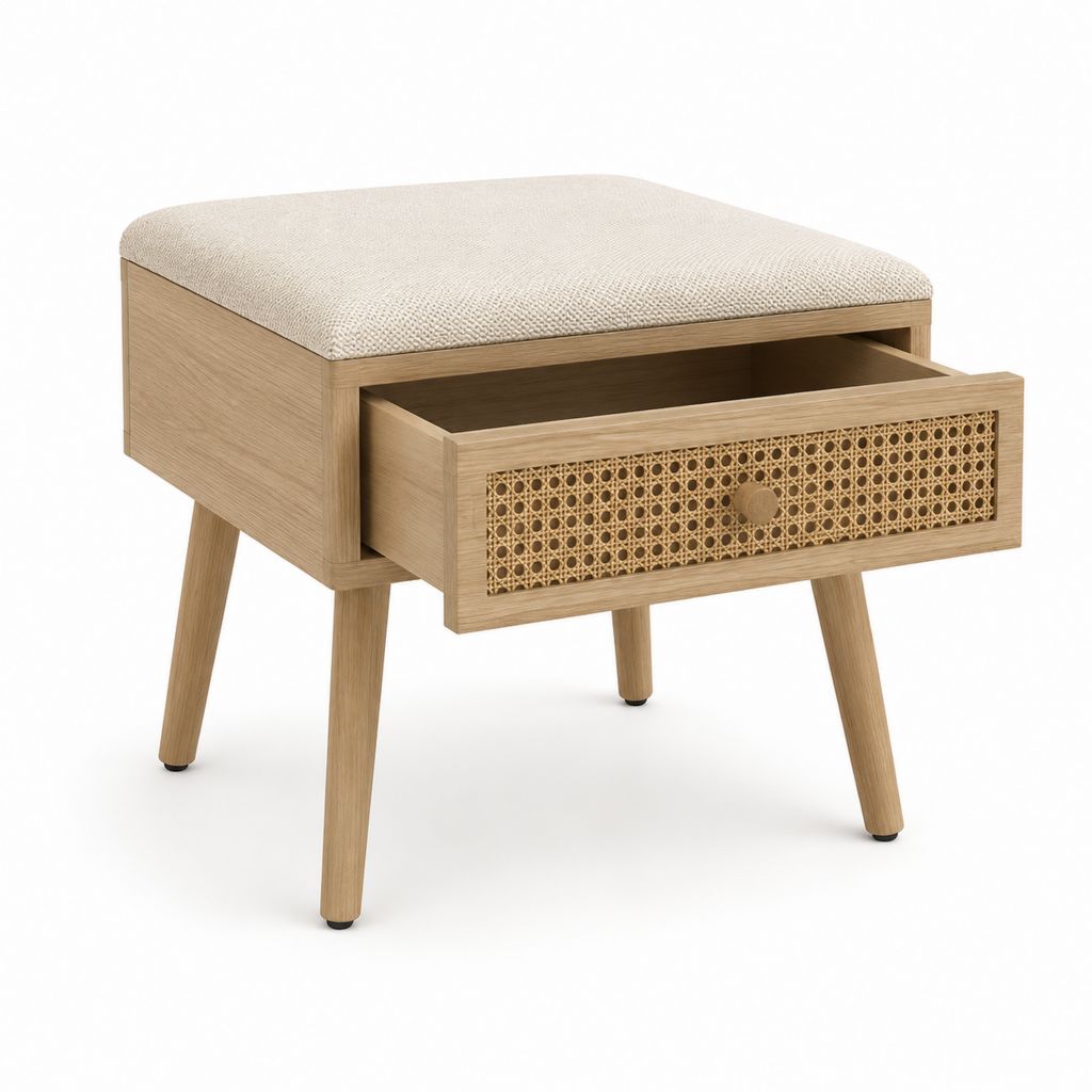 Table de chevet avec assise beige en polyester et tiroir cannage en rotin 45 x 40 x 55 cm