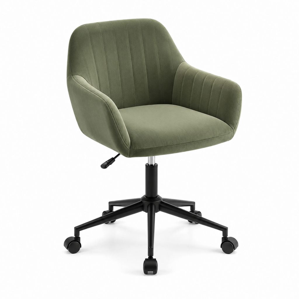 Chaise de bureau pivotante réglable vert olive en velours polyester à dossier arrondi 62 x 62 x 86-96 cm