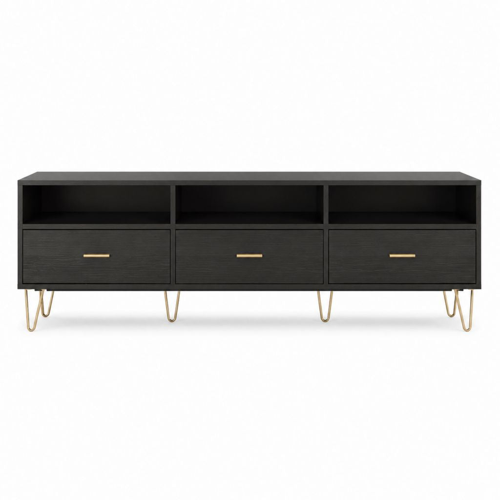 Meuble TV noir en MDF 180 x 40 x 60 cm avec 3 tiroirs et pieds en acier doré