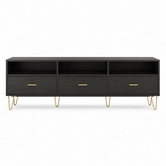 Meuble TV noir en MDF 180 x 40 x 60 cm avec 3 tiroirs et pieds en acier doré