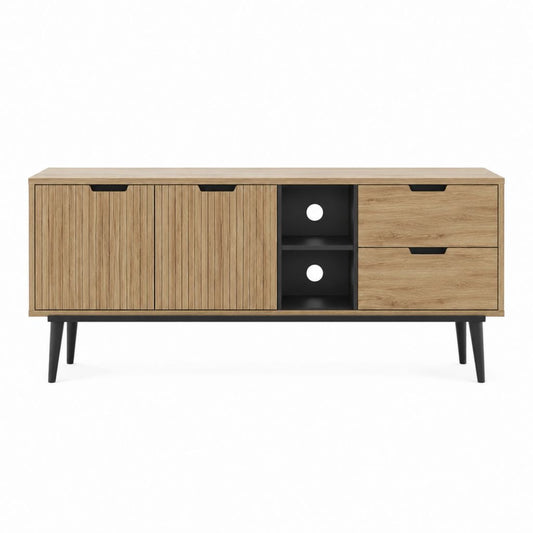 Meuble TV 160 cm chêne clair et noir en panneaux de particules avec 2 portes 2 tiroirs et rangement ouvert