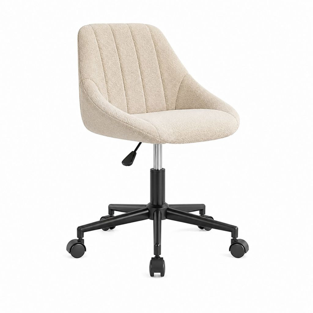 Chaise de bureau pivotante à roulettes beige en polyester bouclette 60 x 60 x 82-92 cm