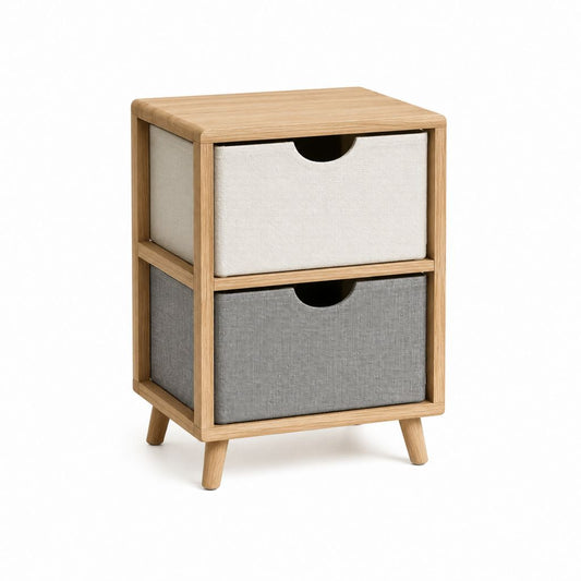 Table de chevet rectangulaire beige et grise en bois massif avec 2 tiroirs en polyester 40 x 30 x 60 cm