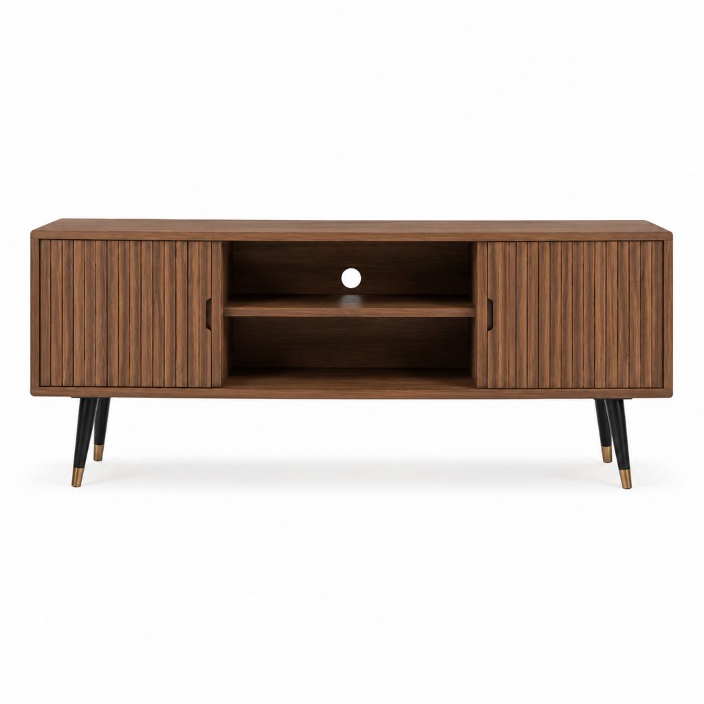 Meuble TV 160 cm en MDF plaqué noyer brun avec portes coulissantes et pieds en acier noir