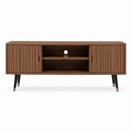 Meuble TV 160 cm en MDF plaqué noyer brun avec portes coulissantes et pieds en acier noir