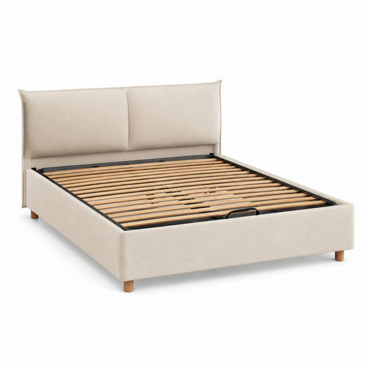 Lit coffre 160 x 200 cm beige en polyester avec sommier à lattes et tête de lit capitonnée