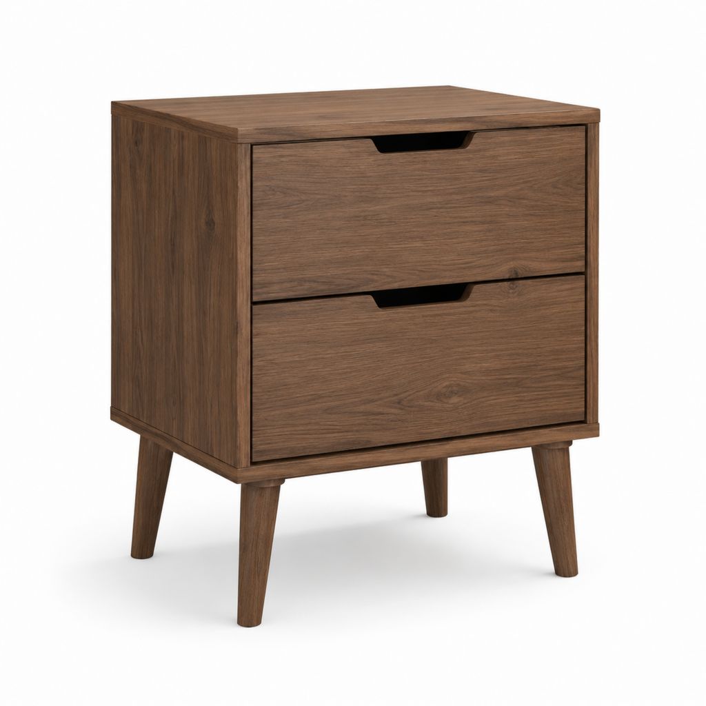 Table de chevet marron en panneaux de particules effet noyer avec 2 tiroirs 50 x 40 x 60 cm
