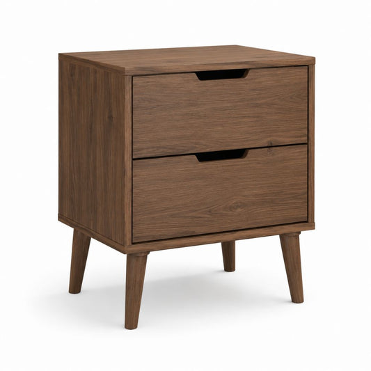 Table de chevet marron en panneaux de particules effet noyer avec 2 tiroirs 50 x 40 x 60 cm