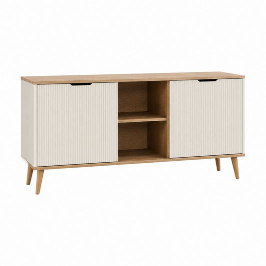 Meuble TV rectangulaire blanc et chêne en panneaux MDF 140 x 40 x 75 cm avec 2 portes et 2 niches