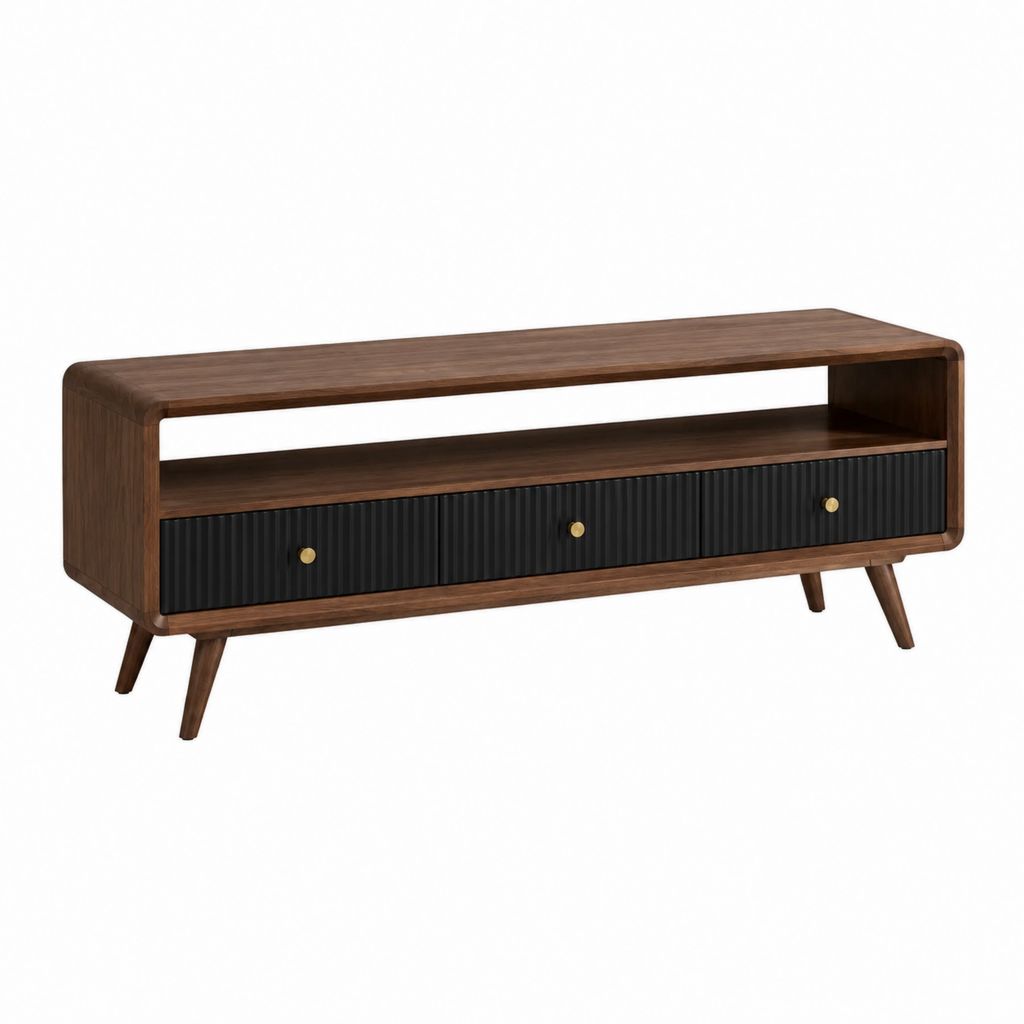 Meuble TV rectangulaire 3 tiroirs noyer et noir en panneaux MDF 140 x 40 x 55 cm