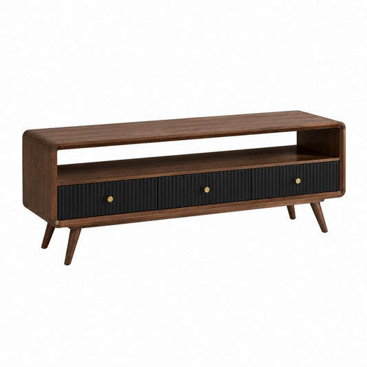 Meuble TV rectangulaire 3 tiroirs noyer et noir en panneaux MDF 140 x 40 x 55 cm
