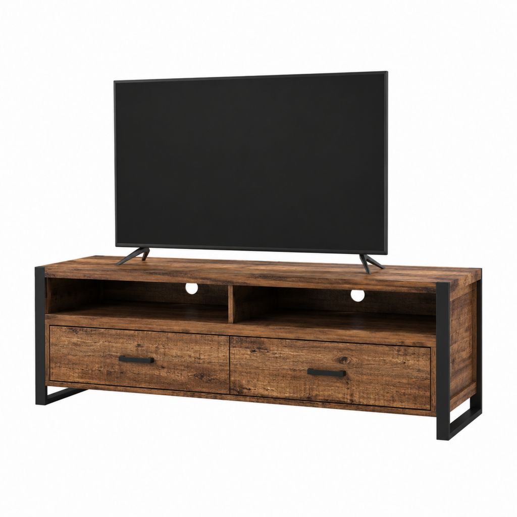 Meuble TV 140 cm marron rustique en panneaux de particules avec structure en acier noir 2 tiroirs