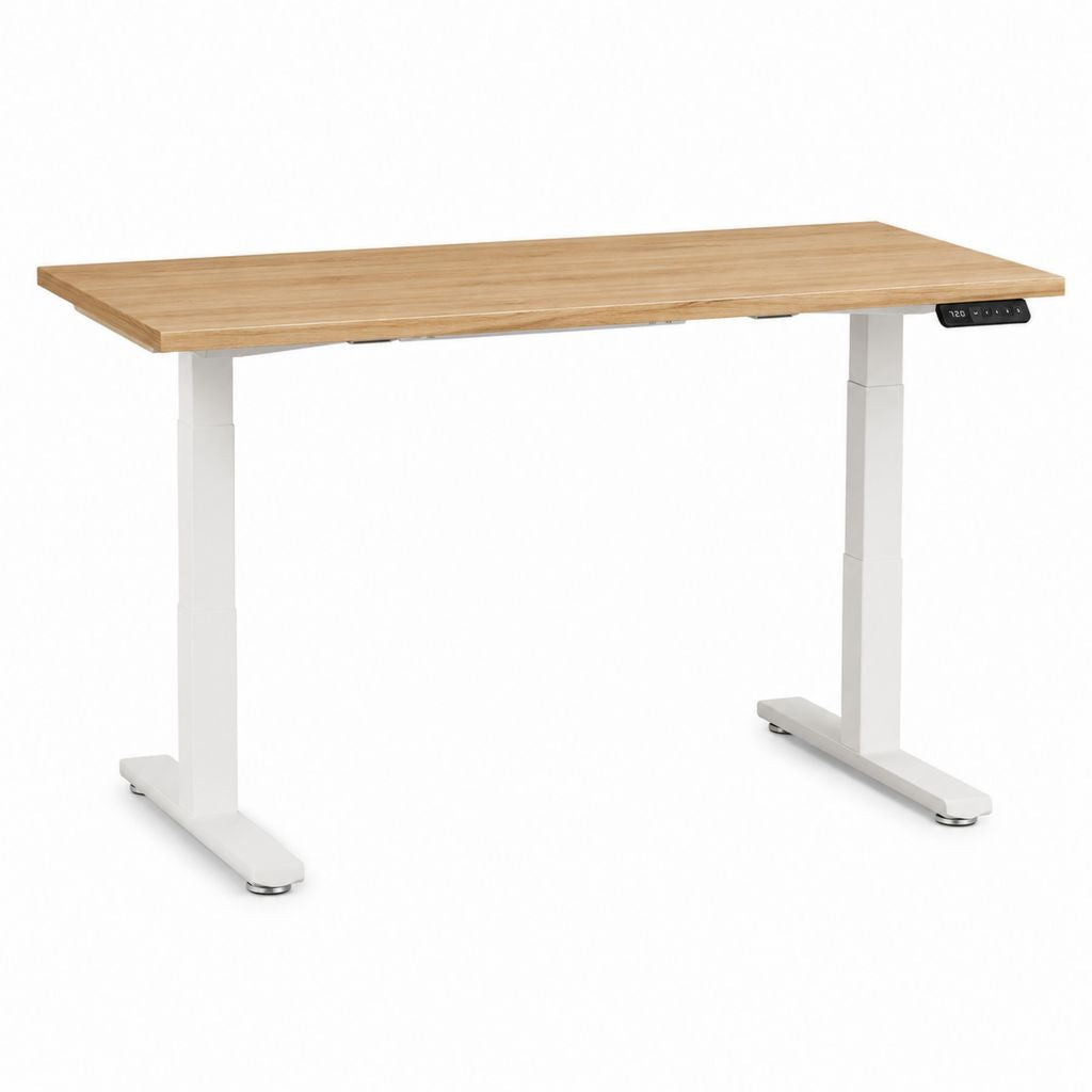 Bureau informatique assis-debout électrique blanc et bambou rectangulaire 140 x 70 cm hauteur 72 à 120 cm