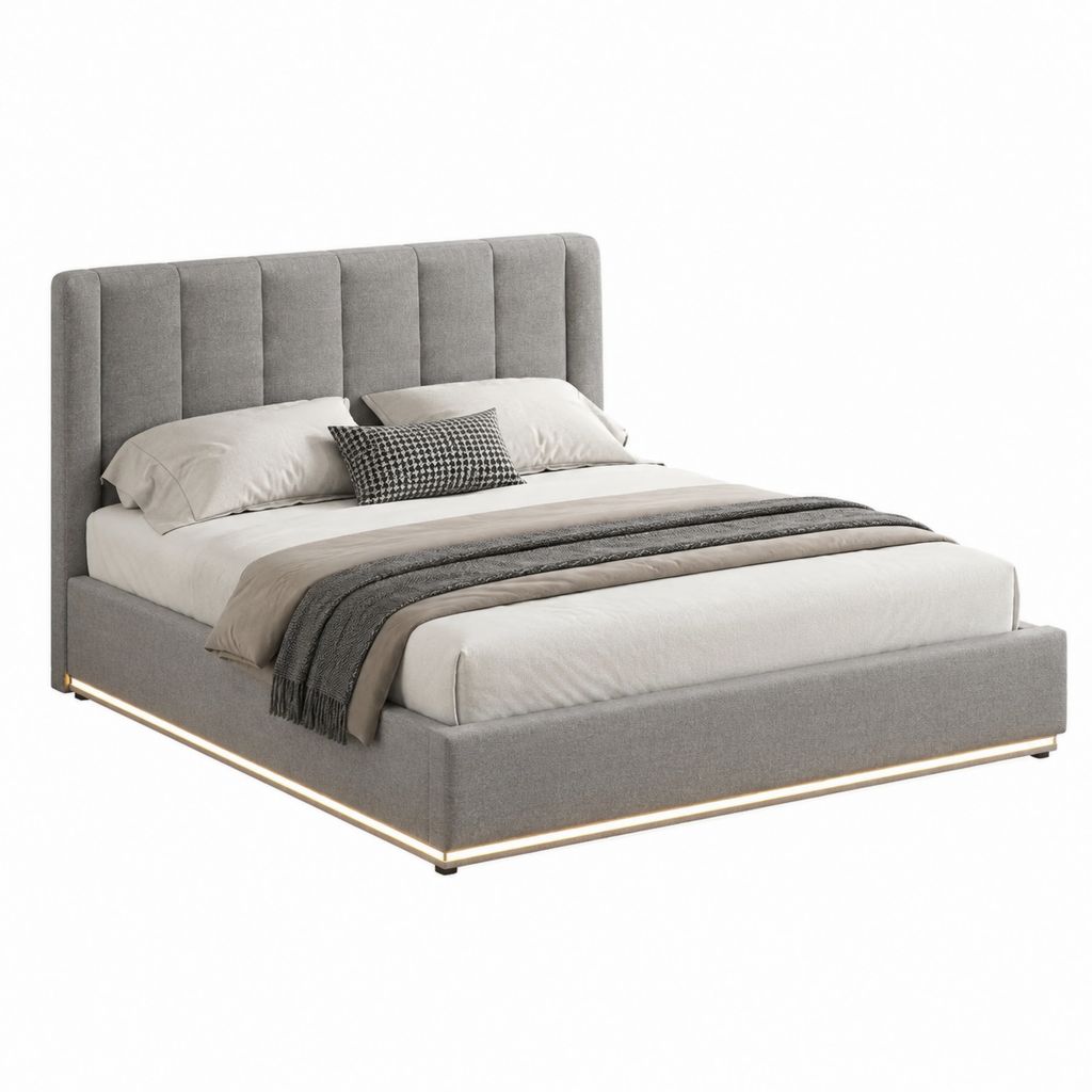 Lit avec rangement 160 x 200 cm gris en polyester avec tête de lit capitonnée et éclairage LED