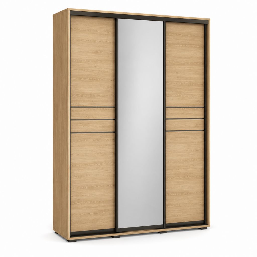 Armoire coulissante 3 portes chêne clair et gris avec miroir 180 x 60 x 220 cm