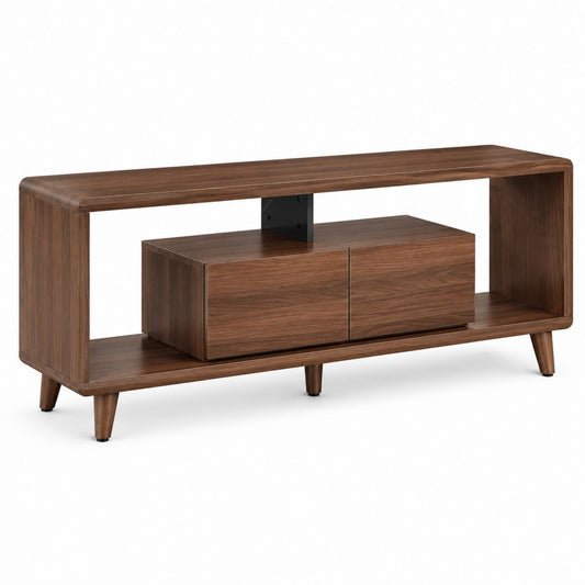 Meuble TV en noyer avec 2 tiroirs et support écran en acier 160 x 40 x 65 cm