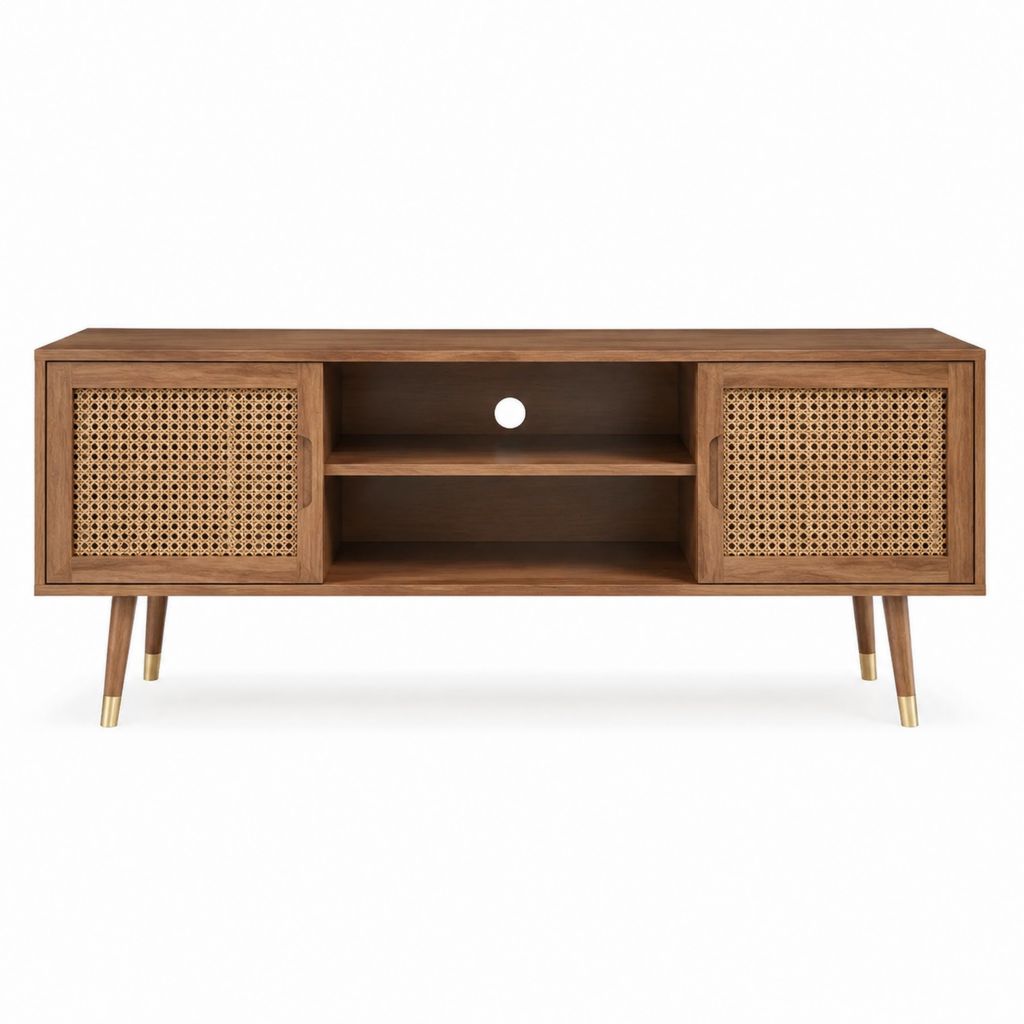 Meuble TV rectangulaire marron en bois d'acacia et rotin 160 x 40 x 60 cm