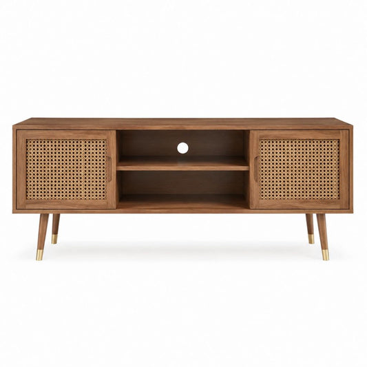 Meuble TV rectangulaire marron en bois d'acacia et rotin 160 x 40 x 60 cm