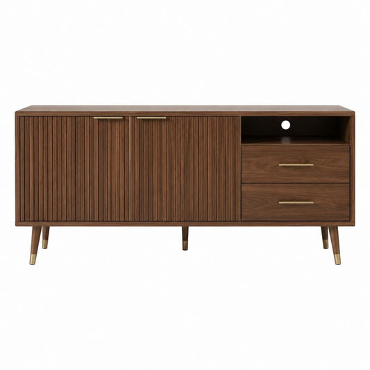 Meuble TV 2 portes 2 tiroirs noyer MDF placage noyer 160 x 45 x 75 cm
