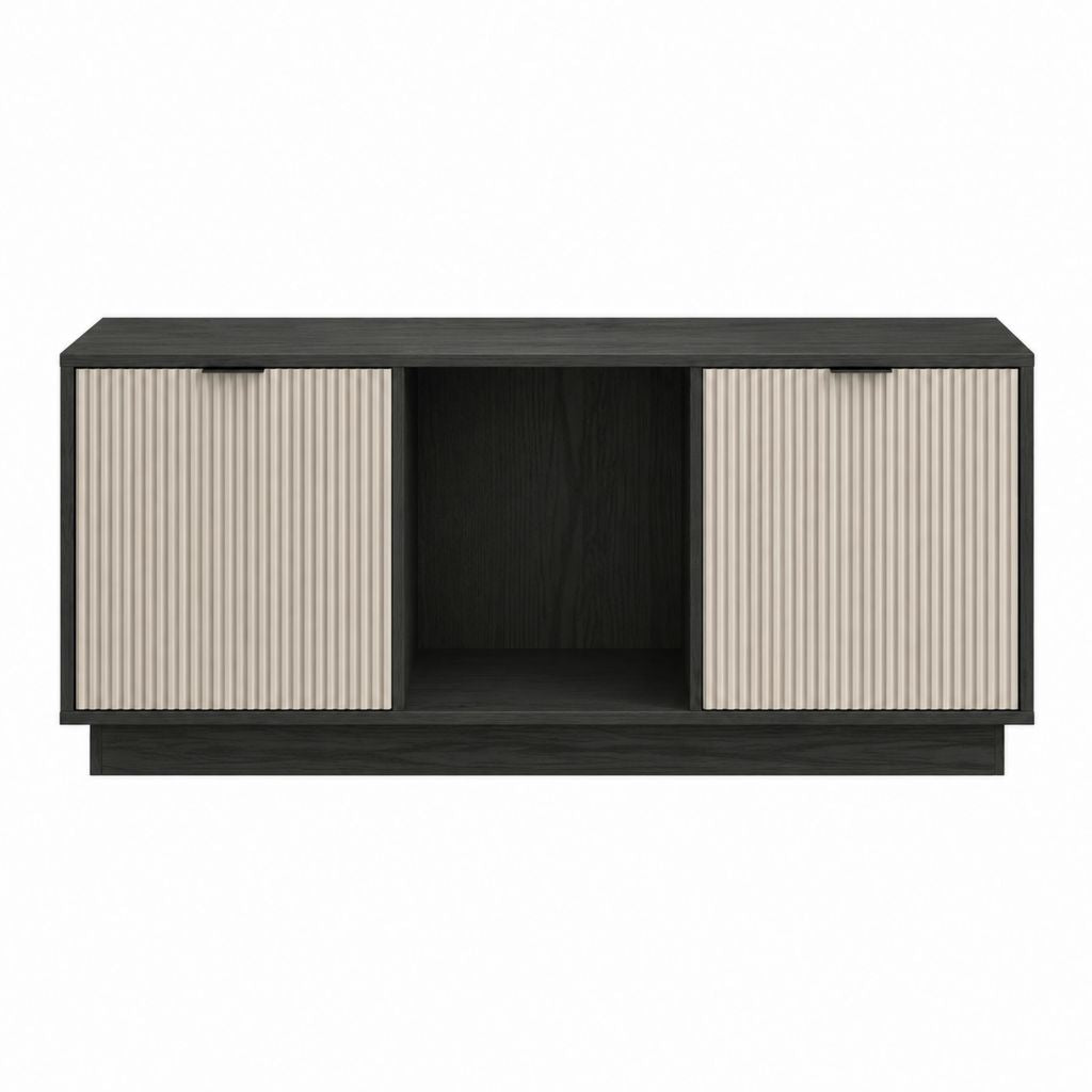 Meuble TV rectangulaire noir et beige en panneaux MDF mélaminés avec portes coulissantes 160 x 40 x 55 cm