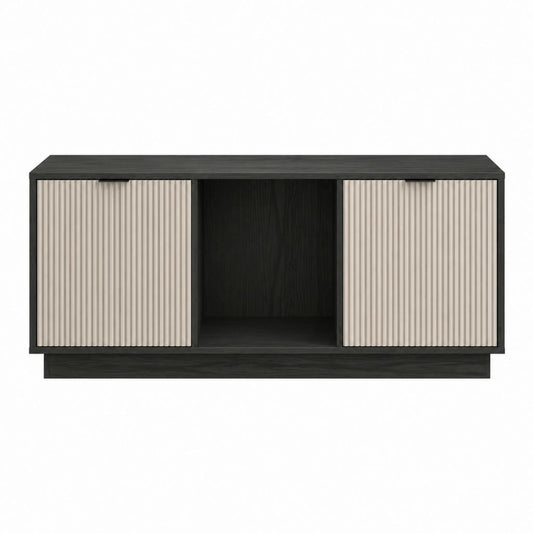 Meuble TV rectangulaire noir et beige en panneaux MDF mélaminés avec portes coulissantes 160 x 40 x 55 cm