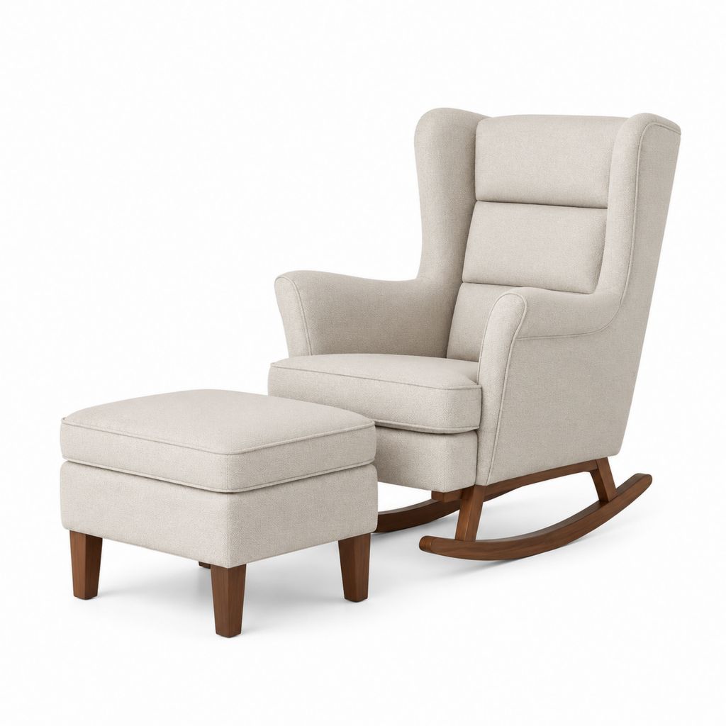 Fauteuil à bascule avec repose-pieds beige en polyester et bois massif 82 x 92 x 105 cm