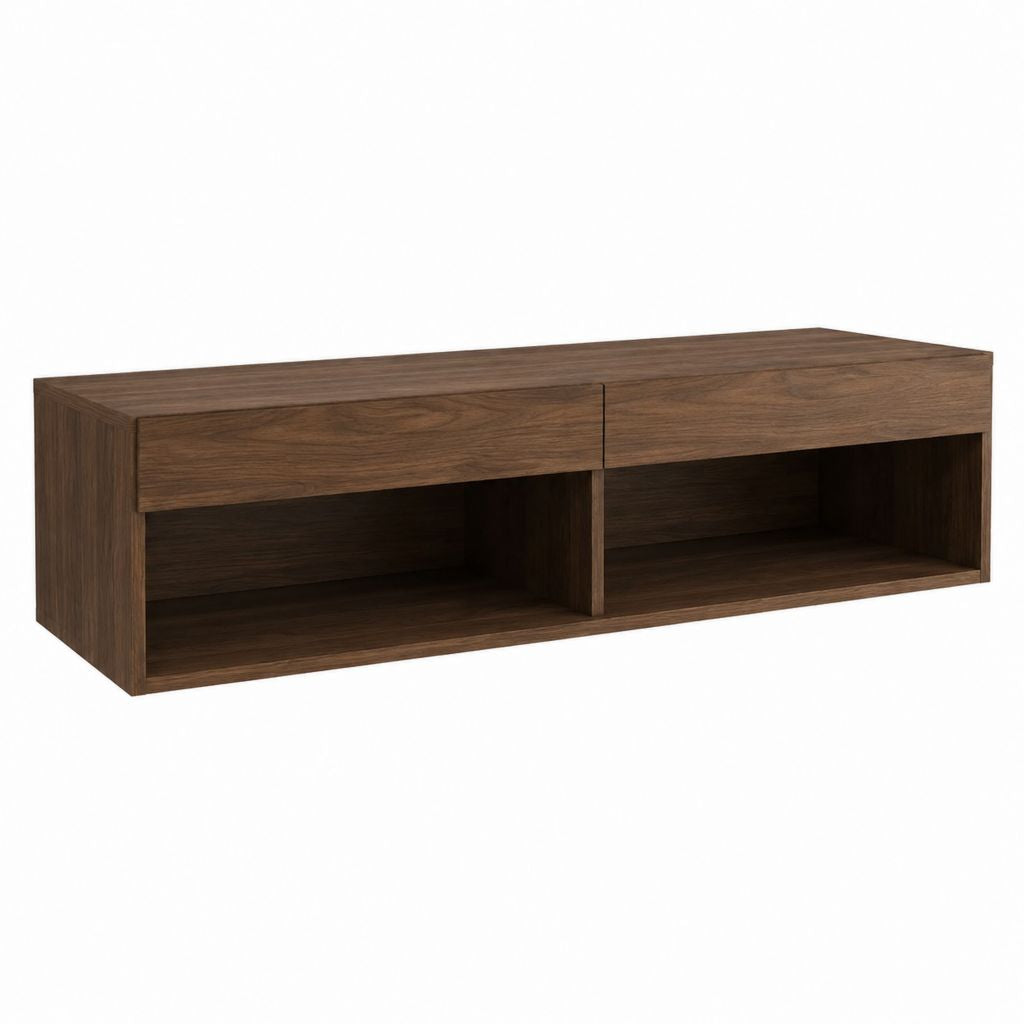 Meuble TV rectangulaire noyer en panneaux de particules 140 x 40 x 45 cm avec 2 tiroirs et 2 niches