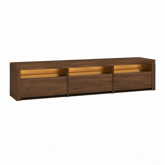 Meuble TV 3 portes avec éclairage LED marron noyer en panneaux de particules rectangulaire 180 x 40 x 50 cm